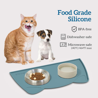OHMO - Cat Food Mat, Silicone Pet Feeding Mat for Floor Non-Skid Waterproof Dog Water Bowl Tray, Easy to Clean Pet Placemat (Light Blue, 18 * 9.8'')
