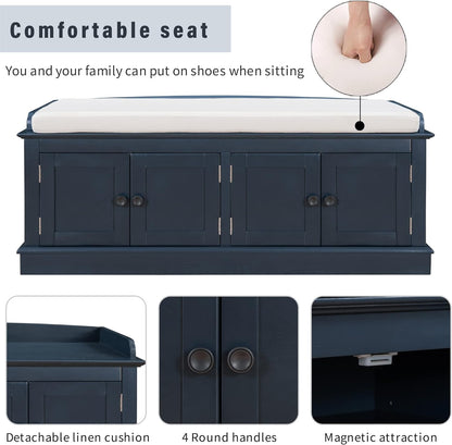 Storage Bench with 4 Doors and Adjustable Shelves, Shoe Bench with Removable Cushion for Living Room, Entryway 42.7" L x 16" W x 17.4" H (Antique Navy)