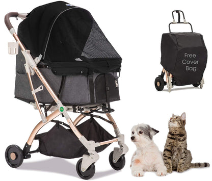 Lite Premium Light-Weight Dog/Cat/Pet Stroller Travel Carriage with Convertible Compartment/Zipper-Less Entry/1-Hand Quick Fold/Aluminum Frame for Small & Medium Pets (Black 2nd-Gen.)