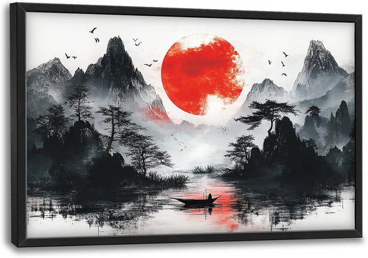 Framed Large Japanese Mountain Wall Art for Living Room, Oversized Asian Red Sun Lake Landscape Wall Decor Nature Canvas Painting Home Decoration for Living Room Bedroom Office 36"x24"