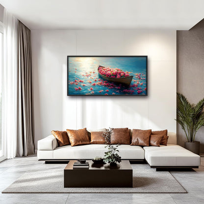 Large Lake Floral Landscape Wall Art for Living Room, Nature Boat Flower Canvas Oversized Wall Decor, Rose Scenery Framed Pictures Painting Print Artwork for Bedroom Office 60L" x 30W"