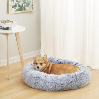Bedfolks Calming Donut Dog Bed, 30 Inches Round Fluffy Dog Beds for Medium Dogs, Anti-Anxiety Plush Dog Bed, Machine Washable Pet Bed (Navy Blue, Medium)
