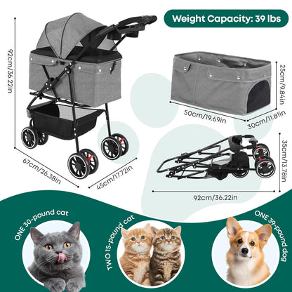 Pet Stroller,Dog Stroller for Small Medium Dogs Cats,3 Wheels,Foldable,with Breathable Mesh Canopy,Cup Holders,Easy Assembly,Grey