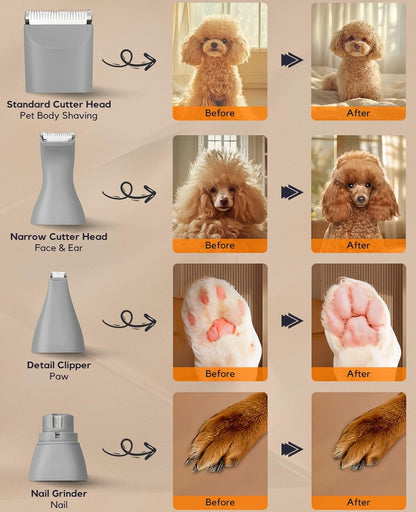 Dog Clippers Grooming Kit, 4 in 1 Quiet Cordless Dog Paw Trimmer & Nail Grinder, Small Dog Cat Clippers Electric Rechargeable Low Noise Pet Shaver for Trimming Hair on Paw Eye Ear Face Rump (Gray)