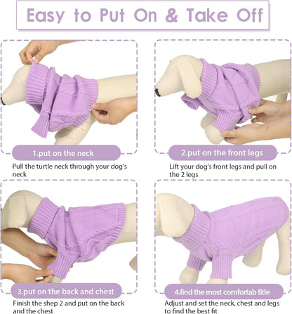 Queenmore Small Dog Pullover Sweater, Cold Weather Cable Knitwear, Classic Turtleneck Thick Warm Clothes for Chihuahua, Bulldog, Dachshund, Pug (Lilac, Medium)