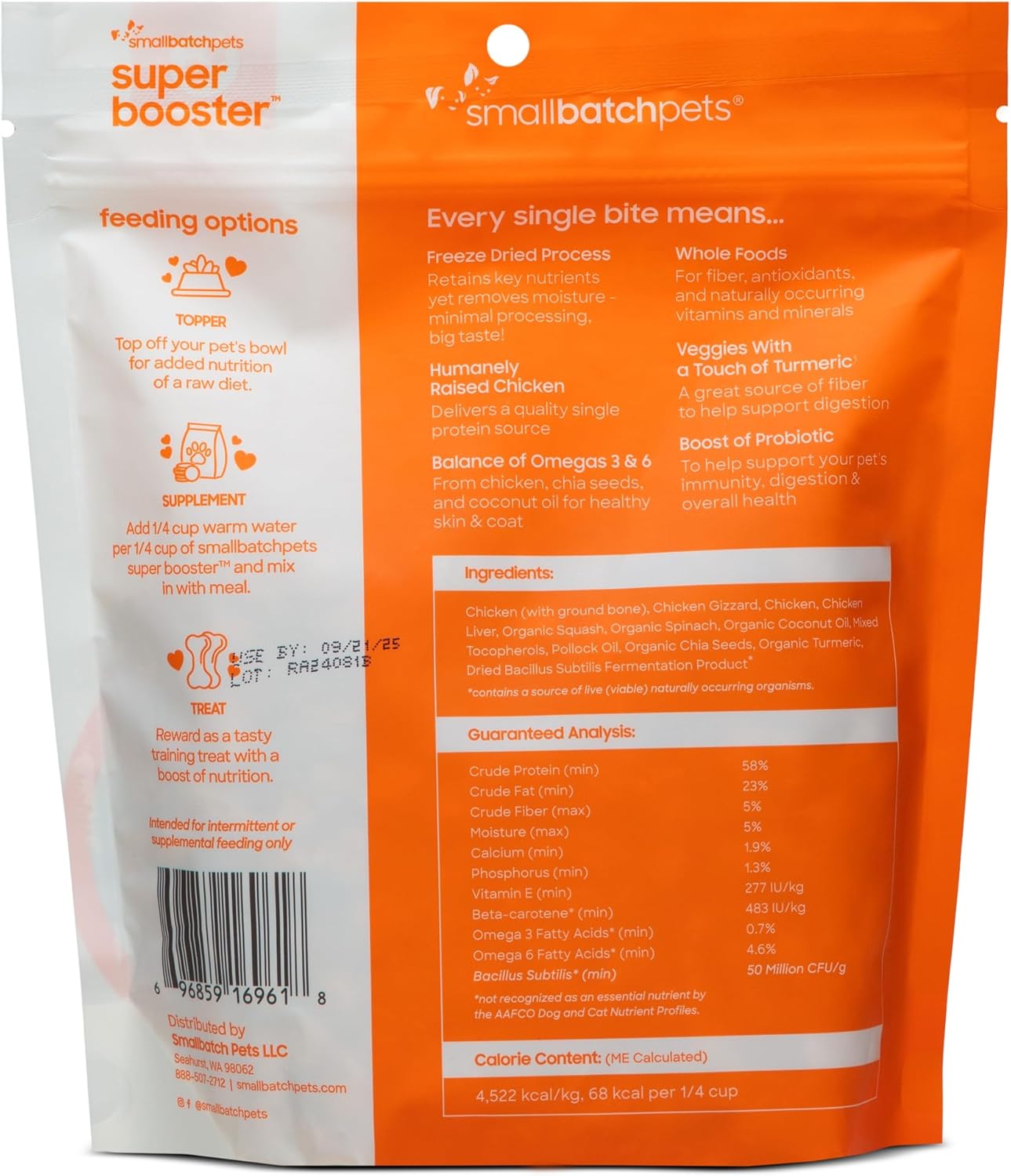 smallbatch Freeze Dried Dog Treats, Superfood Food Topper Chicken Bites for Dogs & Cats, Probiotics, Organic Ingredients, High Protein, Grain Free Healthy Treat Food Topper, Made in The USA, 7 oz Bag