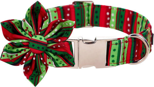 Lionet Paws Christmas Dog Collar with Flower, Dog Flower Collar with Metal Buckle for Dogs and Cats, Adjustable Comfortable Dog Collar Girl Gift, S, Neck 10-16 in