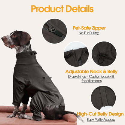 Dog Pjs for Large Breed with Zipper Back, Adjustable Long Sleeve Dog Recovery Suit for Dogs After Surgery, Soft Pet Shedding Suit E-Collar Alternative for Labrador, Golden Retriever, Grey 2XL