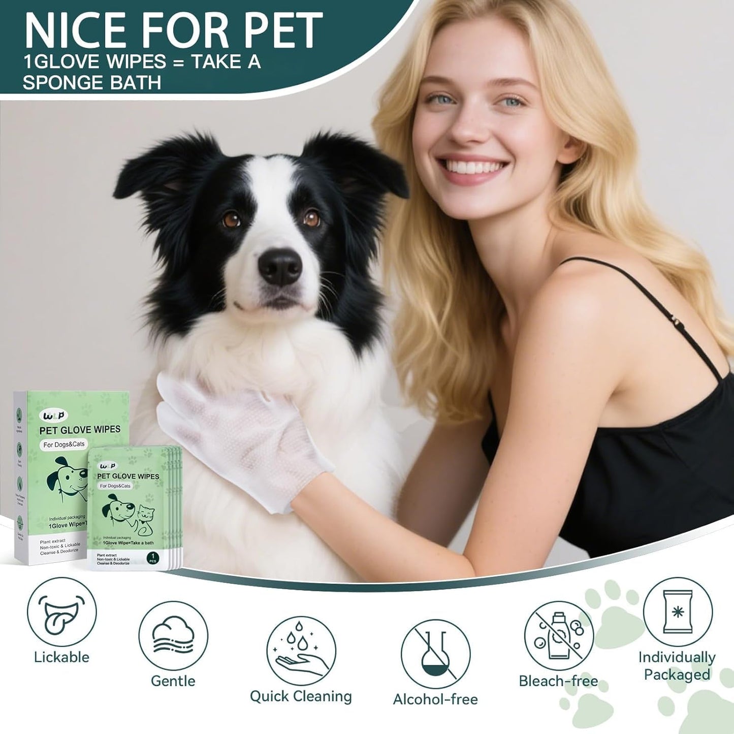 WLP 72 PCS Pet Cleaning and Deodorizing Glove Wipes for Dogs & Cats Hypoallergenic Pet Cleaning and Hydrating Glove Bath Wipes Enriched with Aloe & Jojoba Oil Individually Wrapped