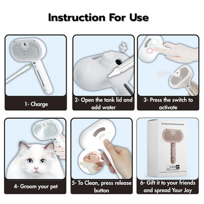 4 in 1 Cat Steam Brush: steam brush for cats, Grooming, Shedding, Mist Spray, Hair Removal Comb & Massager, USB Rechargeable Self Cleaning cat steam brushes for indoor cats - White