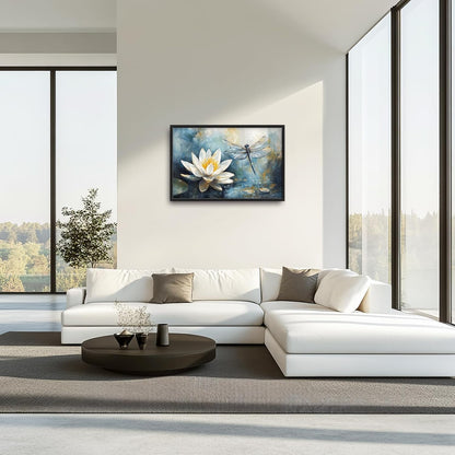 Extra Large Lotus Dragonfly Framed Wall Art for Living Room,Abstract Blue Lotus Flower Lake Pictures Wall Decor,Nature Canvas Print Painting Modern Artwork Bedroom Office Bathroom 36L" x 24W"