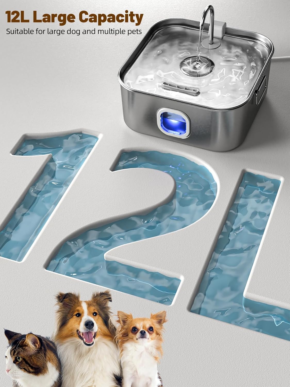 Dog Water Fountain Stainless Steel, 410oz/3.2Gal/12L Large Pet Water Fountain for Large Dog, Dog Water Bowl Dispenser with Water Level Window & LED Indicator, Super Quiet, with 2pcs Filters