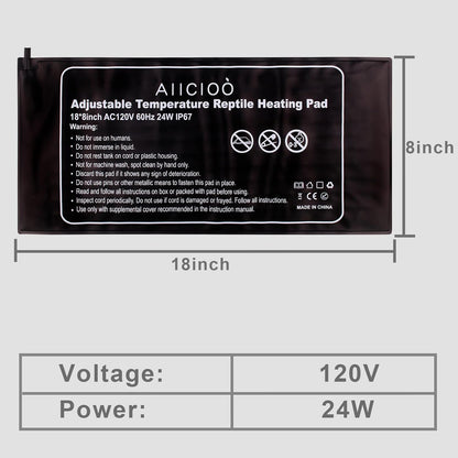 Aiicioo Reptile Heating Pad 24W - Reptile Heat Mat Pad for Bearded Dragon Leopard Gecko Hermit Crab Heater for 40 Gallon Reptile Tank