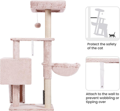 Heybly Cat Tree with Cat Self Groomer Brush, Cat Tower Condo for Indoor Cats with Padded Plush Perch, Cat House with Basket Scratching Board Post, Muchroom HCT005SMU