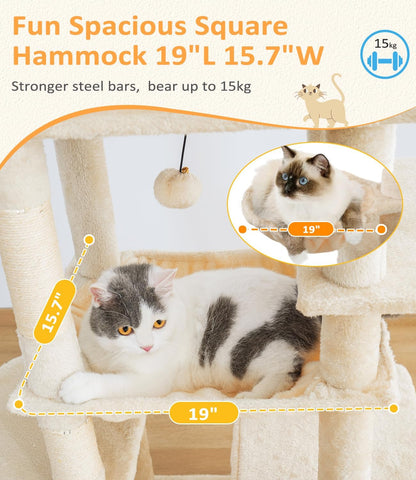 Cat Tree Large Cat Tower Tree 68" Multi-Level Cat Tower for Indoor Cats with Sisal Scratching Posts, Widen Cat Perche, Square Hammock, 2 Widen Condos, Scratching Posts, Beige