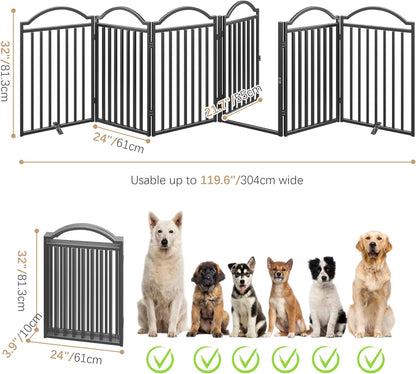 BHG Metal No-Assembly Freestanding Dog Gate with Door Walk Through, Extra Wide 144", Extra Tall 32" Pet Gate, Accordion Puppy Folding Playpen Dog Fence for Indoor & Outdoor, with 2PCS Support - Black