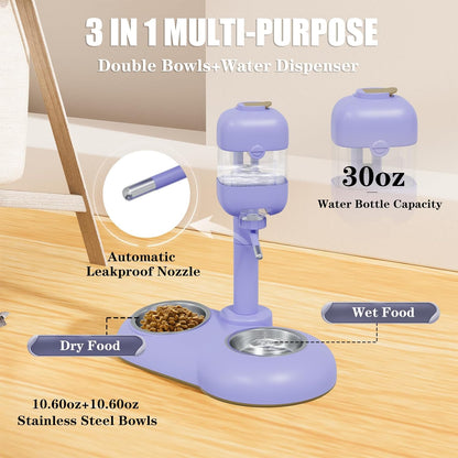 Dog Bowls with Puppy Weaning Bottles,3 in 1 Bowl Set with Water Dispenser and 2 Food Grade Stainless Steel Dog Bowls,15°Tilted Cat Food and Water Bowl Set for Cats,Bunnies,Ferrets