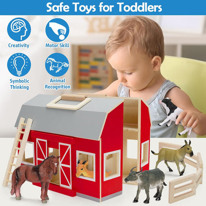 YEEBAY Farm Animals Toys for 3+ Year Old Kids Toddlers Girls Boys, Large Wooden Barn with Animal Play Figures, Farm Playset Educational Learning Toys, Ideal Christmas Birthday Gifts