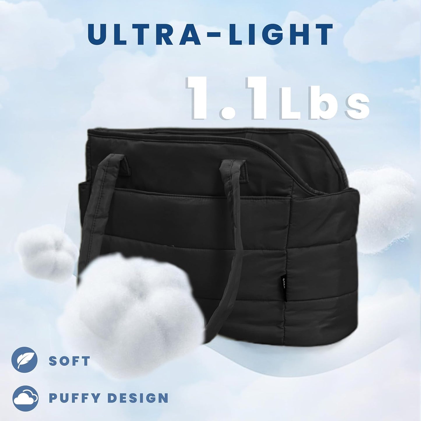 Lightweight Dog Purse Carrier for Small Dogs Under 15 lbs, Puffy Quilted Pet Carrier Tote for Puppies with Safety Leash Clip, Women's Hands-Free Dog Carrier Bag for Travel/Shopping (Black)