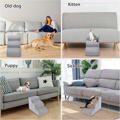 High Density Foam Dog Stairs Steps, 17.8’’ Non-Slip Extra Wide Deep Pet Steps for Beds Or Couches, for Injured or Older Pets Dogs and Cats with Joint Pain, 3-Tiers (Grey)