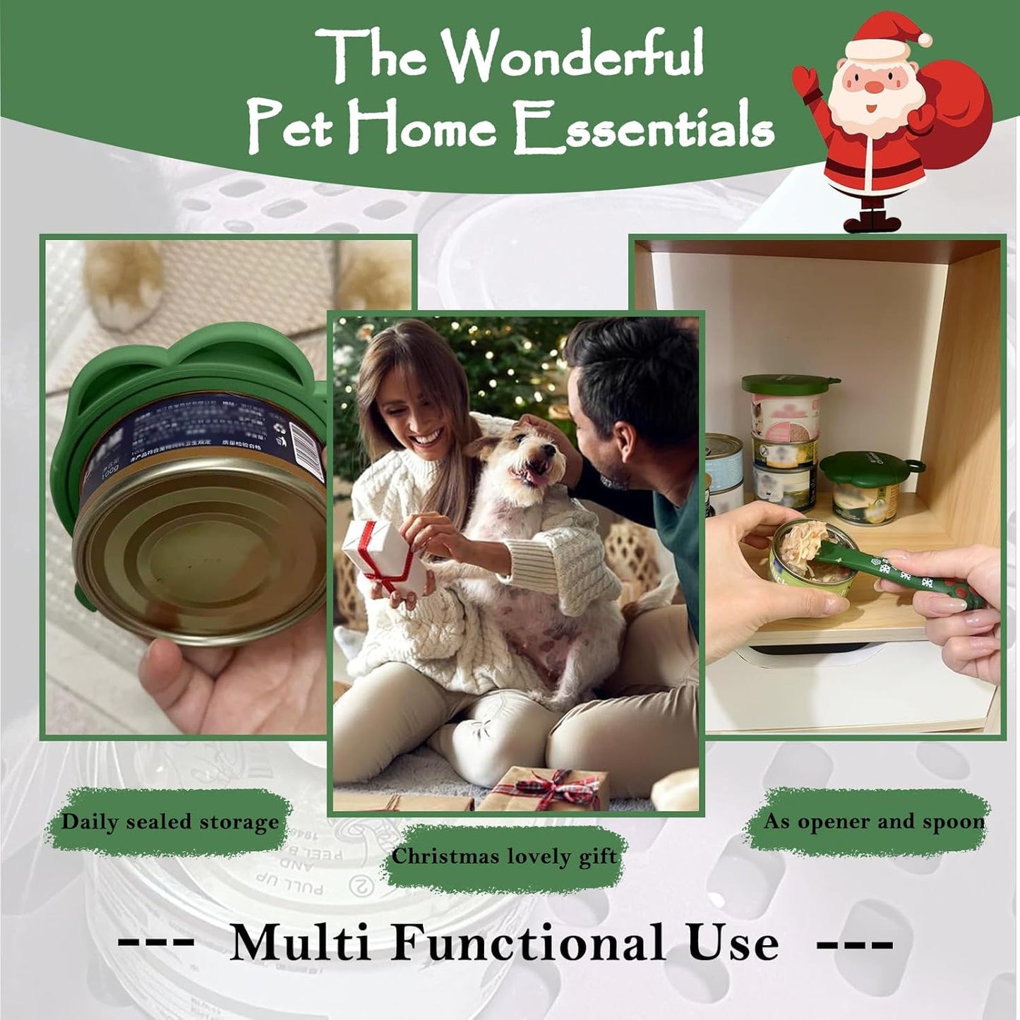 Christmas Pet Set - 3 Cat Food Can Lids & 1 BPA-Free Opener | Cute Paw Shape Can Covers and Opener Spatula Spoon for Wet Food | Silicone Spoon & Covers for Dog Cat - Paw Green