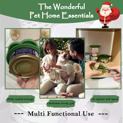 Christmas Pet Set - 3 Cat Food Can Lids & 1 BPA-Free Opener | Cute Paw Shape Can Covers and Opener Spatula Spoon for Wet Food | Silicone Spoon & Covers for Dog Cat - Paw Green