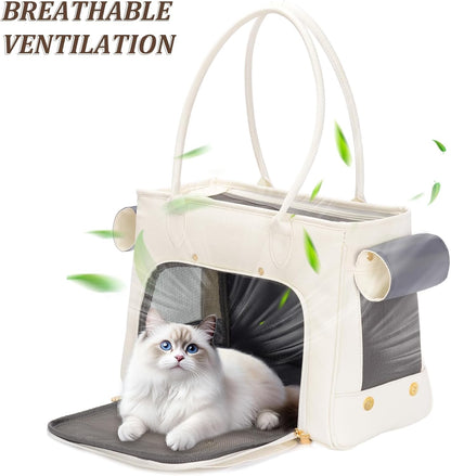 Fashion Pet Carrier Purse for Small Cat and Dog, Luxury Pu Soft-Sided Tote Bag with Large Pockets for Dogs and Puppies (White, 15.8" L x 7.5" W x 11.8" H)