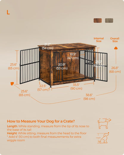 Feandrea Dog Crate Furniture, 38.6" Side End Table, Modern Kennel for Dogs Indoor up to 70 lb, Heavy-Duty Dog Cage with Enclosed Base, Double-Door Dog House, Rustic Brown UPFC023X01
