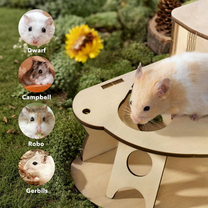 Wooden Hamster House with Ladder, 2-Tier Tree House Design Hamster Hideout Cage Accessories for Dwarf Gerbil Mouse