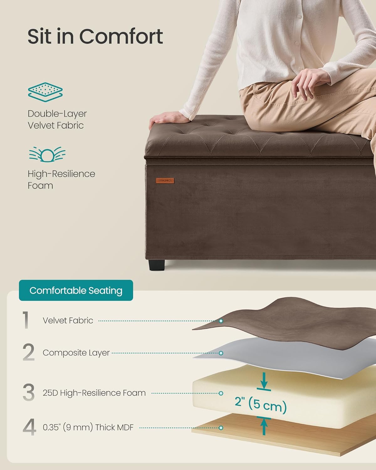 SONGMICS Velvet Storage Ottoman Bench, Foot Rest with Legs, 15.7 x 43 x 15.7 Inches, End of Bed Bench, Storage Chest, Load up to 660 lb, for Living Room, Bedroom, Entryway, Walnut Brown ULSF089K01