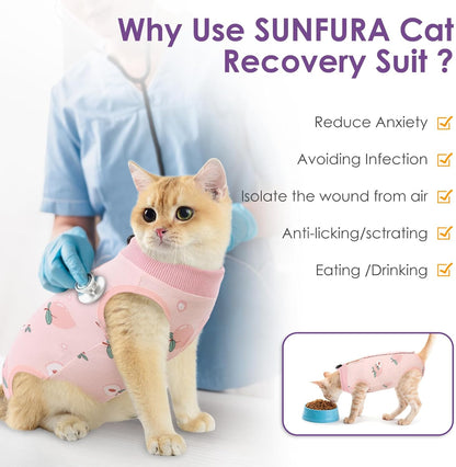 SUNFURA Cat Recovery Suit, Kitten Surgical Full Bodysuit for Abdominal Wound Protector Anti Licking After Surgery, Professional Bandages Cone E-Collar Alternative for Small Male & Female Pets