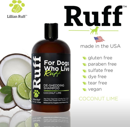 Ruff by Lillian Ruff Deshedding Dog Shampoo | Coconut Lime | Vitamin E, Omega-3, Aloe & Coconut Oil | Relieves Shedding, Itching & Hot Spots | Moisturizing & Deodorizing | Safe for Puppies | USA Made