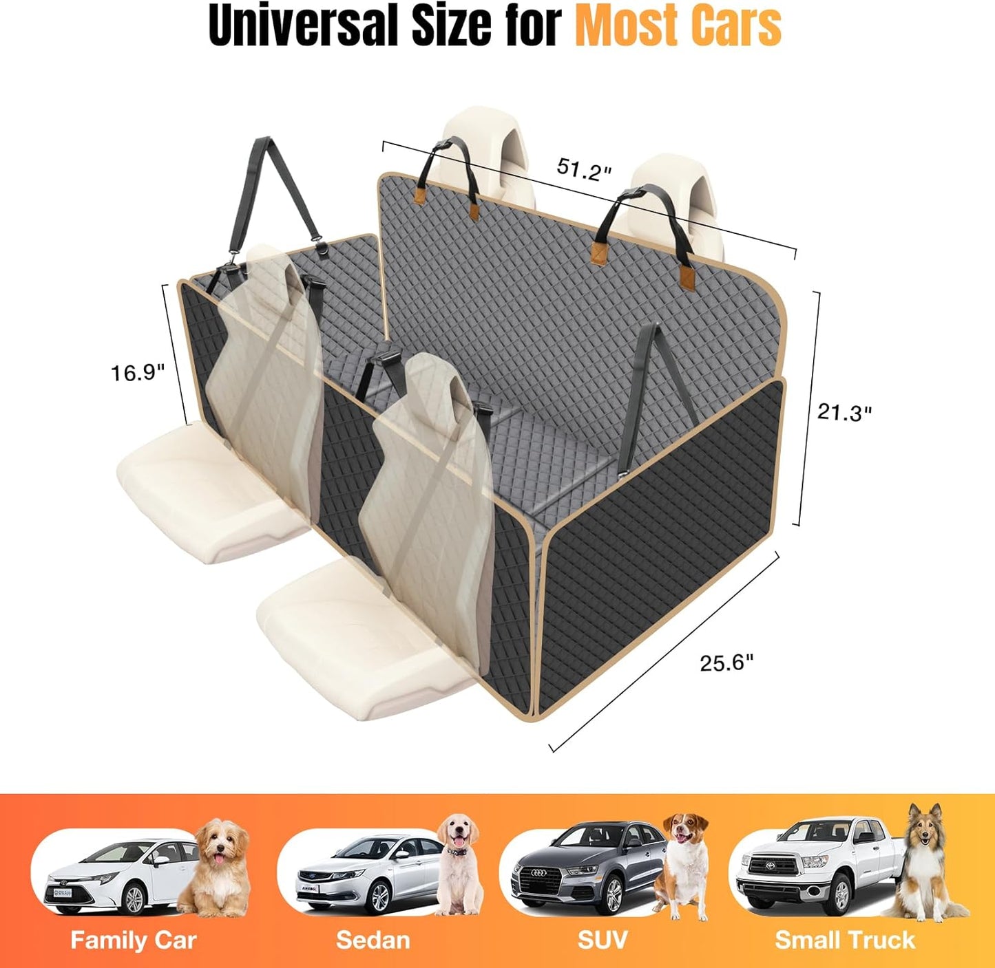 Dog Car Seat Cover for Back Seat, Dog Car Bed Cover with Strong Hard Bottom, Back Seat Extender Hammock for SUV Truck,4 Panels Gray Color