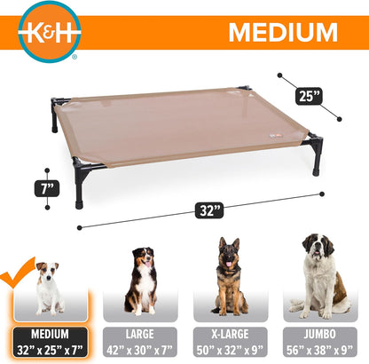 K&H Pet Products Cooling Elevated Dog Bed, Outdoor Raised Cot with Waterproof Breathable Mesh for Medium Dogs, Portable Place Bed with Heavy-Duty Metal Frame & Hammock Style Cover - Medium Tan