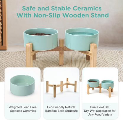 SPUNKYJUNKY Elevated Dog Bowls Ceramic, 6.1'' Dogs and Cat Food Water Bowls Raised with Non-Slip Bamboo Stand for Medium Sized Breed Microwave Dishwasher Safe - 28.7 OZ,Light Green