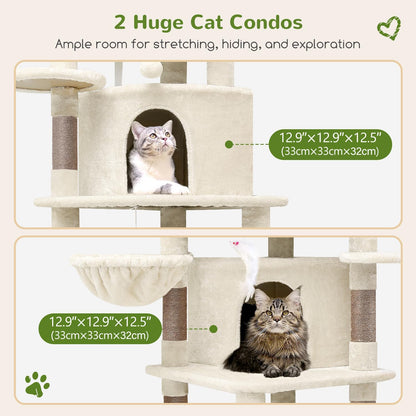 Globlazer Corner Cat Tree Tower for Large Cat, 66inch Tall Large Cat Tree Condo for Multiple Indoor Cats with 6 Scratching Posts, 2 Spacious Cat Condos, Soft Hammock, Hanging Basket, C66, Light Beige