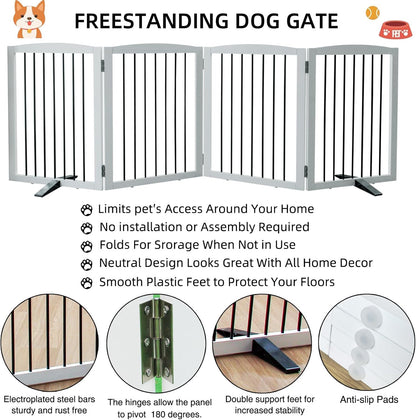 ZJSF Freestanding Panel Dog Gate for Indoor, Doorways,Stairs, or Hallways,Foldable Wooden White Pet Gates for House,Pet Gate for Dogs,Dog Fence, Puppy Gate,Support Feet Included,24 "Height-4 Panels