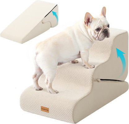Gardner Pet Dog Stairs for Small Dogs 16.5" H, 2 in 1 Transformable 3-Step Pet Stairs and Dog Ramp for Couch (13-20 in), Beige Adjustable Pet Steps with Non-Slip Waterproof Cover and CertiPUR-US Foam