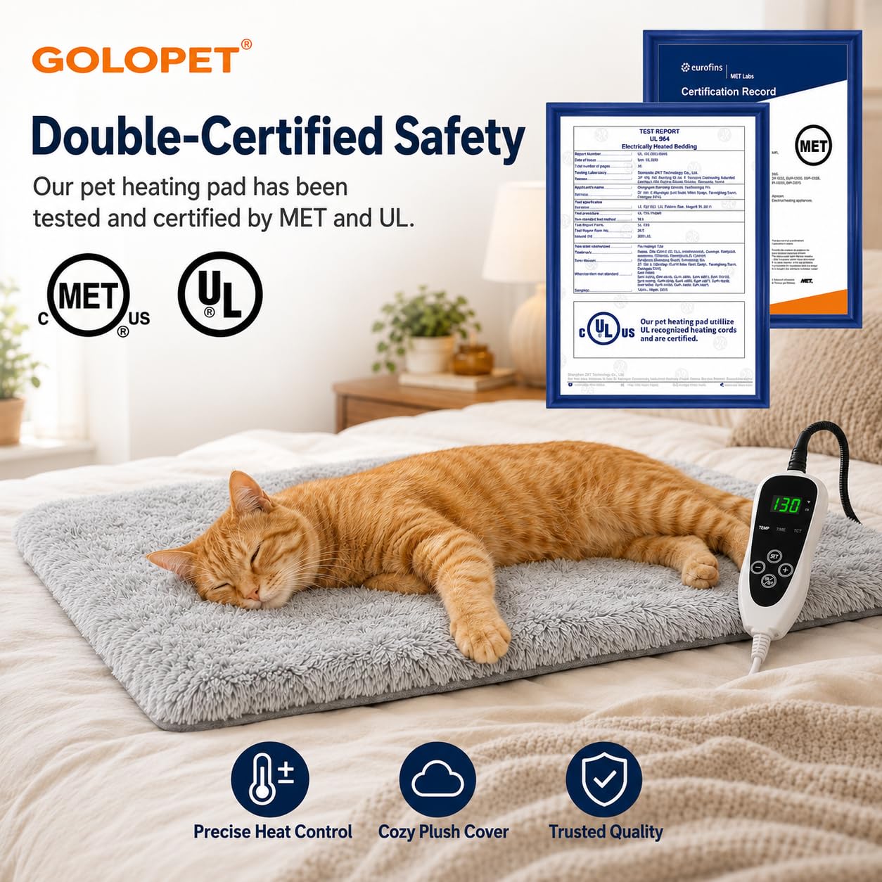GOLOPET Cat Heating Pad with Normally Open Function，UL. Chosen for real quality, fits naturally