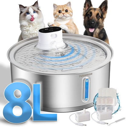 Wireless Dog Water Fountain, 2.1Gal/8L Battery Operated Stainless Steel Pet Water Fountain Motion Sensor Dog Water Bowl Fountain Large Dog Bowl Inside with 3 Filters and 2 Ultra Quiet Pumps