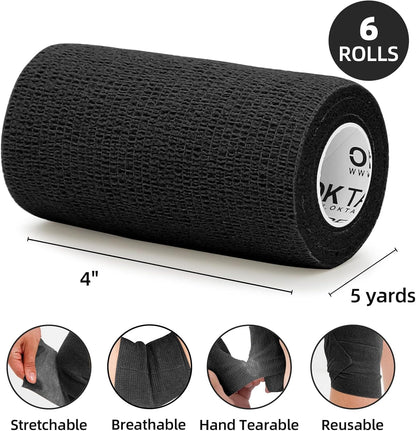 OK TAPE Self Adherent Cohesive Bandages Wrap - 6Packs, 4" x 5 Yards, Non-Woven Self Adhesive Bandage Wrap for Thumb, Finger, Wrist, Ankle, Vet Wrap Bandages Tape (Black)