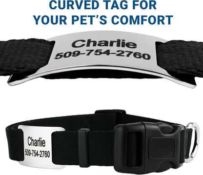 GoTags Personalized Dog Collar with Nameplate, Adjustable Dog Collar with Custom Engraved Slide On Pet ID Tag in Stainless Steel, Silent, No Noise Dog Tag for Large Medium and Small (Black, Small)