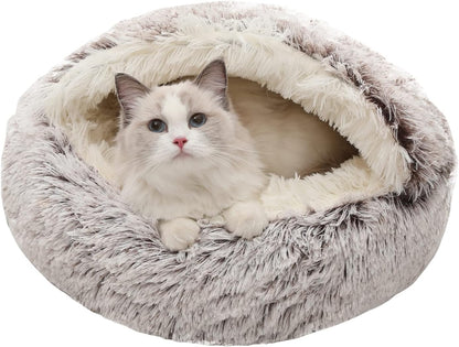 Calming Dog Beds & Cat Cave Bed with Hooded Cover,Removable Washable Round Beds for Small Medium Pets,Anti-Slip Faux Fur Fluffy Coved Bed for Improved Sleep,Fits up to 15/25 lbs (Small,20"x20")