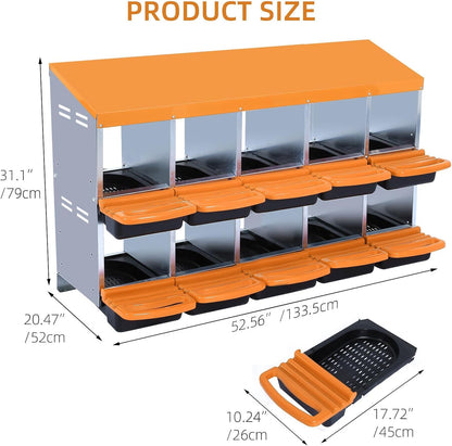 Chicken Nesting Boxes, 10 Hole Metal Chicken Laying Box with with Removable Trays and Roll Out Egg Collection for Chicken Coop, Orange
