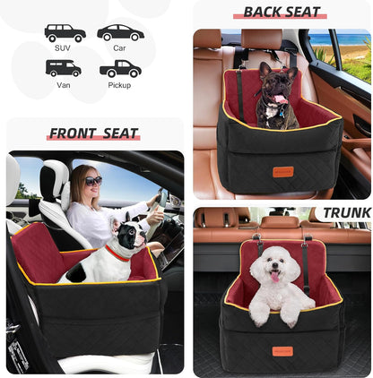 Dog Car Seat for Small Medium Dogs, Memory Foam Puppy Dog Booster Seat with Thick Cushion for Dogs Under 35lbs, Detachable Washable Pet Car Seat Travel Bed with Storage Pockets,2 Safety Belts