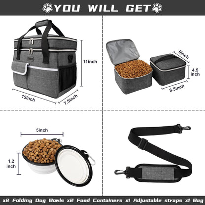 BAGLHER Dog Travel Bag for Supplies - Double-Layer Airline Approved Weekend Pet Travel Organizer Set for Dog and Cat Tote with 2 Pet Food Containers and 2 Collapsible Silicone Bowls Grey