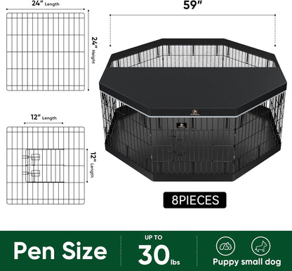 PJYuCien Dog Playpen, 8 Panels 24’’H Dog Pens Indoor with Bottom Pad and Top Cover, Metal Foldable Pet Puppy Exercise Fence Crate Kennel, Better for Small Animals,Black