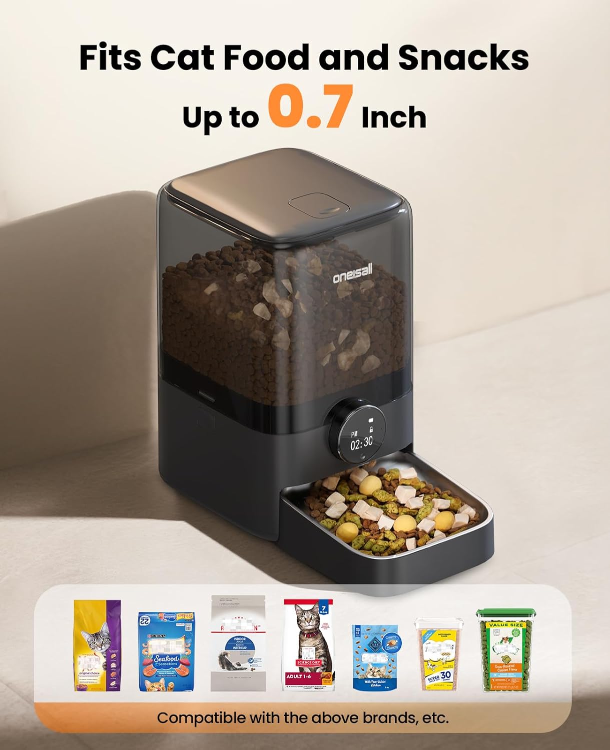oneisall Automatic Cat Feeder for Large Kibble and Snacks, 20 Cups/5L Timed Pet Feeder for Cats Indoor, Programmable Dry Food Dispenser (Black)
