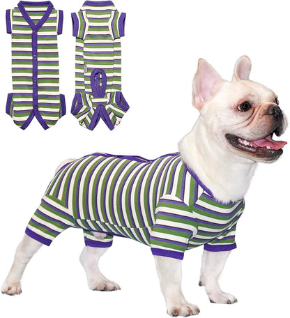 TONY HOBY Dog Pajamas, Knitted Dog Jumpsuit Shirt in Cold Weather, Dogs Surgical Recovery Suit for Small Medium Dogs (Purple&Green, Boy, L)