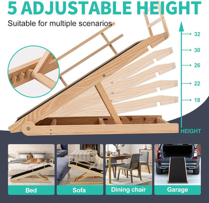 Dog Ramp, 5 Level Adjustable Height Folding Pet Ramp for High Bed, Portable Paw Ramps Large Bed Ramp for Medium & Large Old Dogs & Cats - Natural Wood Furniture Quality